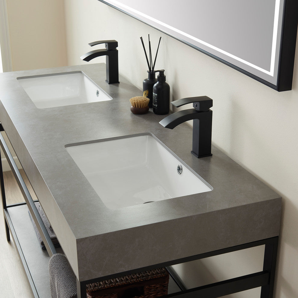 Funes Bath Vanity with Mirror, Matte Black Support, 60" Double Sink, Grey Stone Top