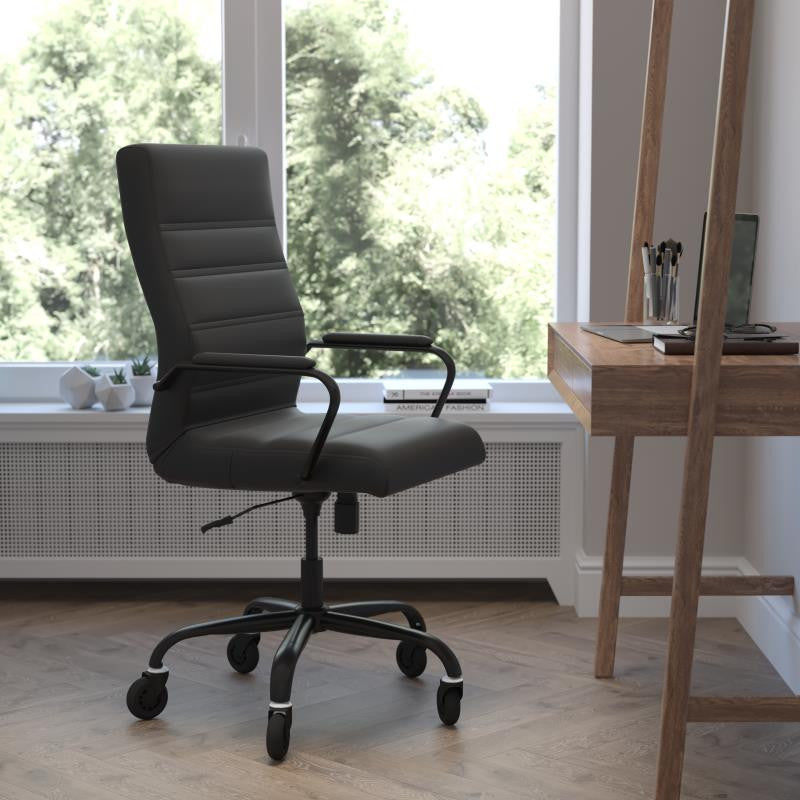 Whitney High Back Executive Swivel Office Chair with Black Frame & Arms, Black Leathersoft/Black Frame