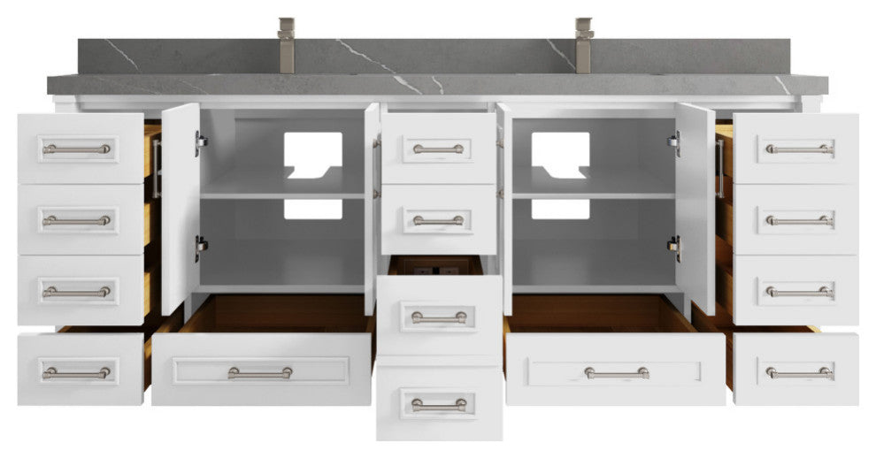 Aberdeen 84 Double Sink Bath Vanity in White 2" Piatra Gray