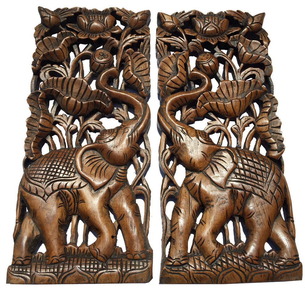 Elephant With Lotus flower Carved Wood Wall Art Decor, Animal Home Decor, Brown