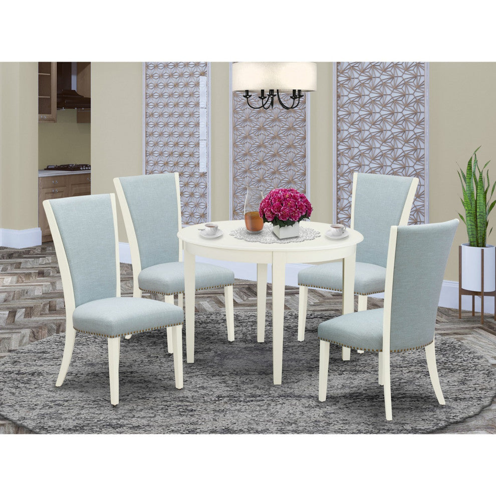 A Dining Set Of 4 Chairs, Baby Blue Color, Round Table, Linen White Color
