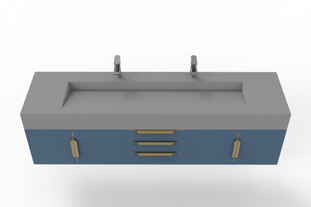 CastelloUSA Nile 72" Wall Mounted Bathroom Vanity Set, Blue, Gray Top, Gold Handles