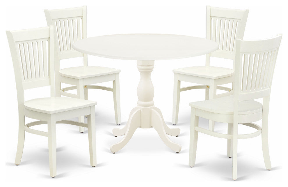 5Pc Dining Set 4 Chair, Wooden Seat, Drop Leaves Round Table Linen White