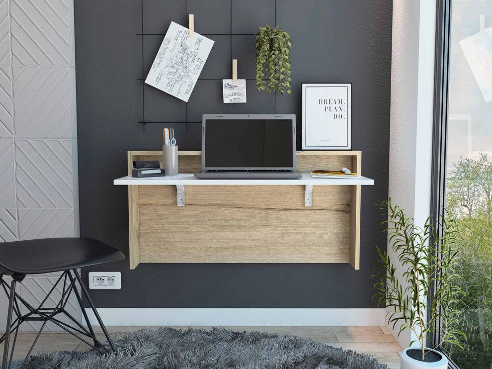 FM FURNITURE Brickell Wall Mounted Foldable Desk, Light Oak/ White