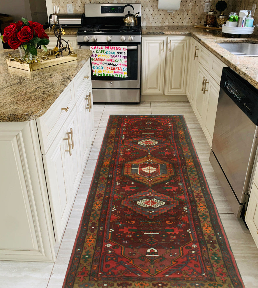 Fine Vintage Distressed Silas Burgundy/Gold Runner, 3'7x10'2