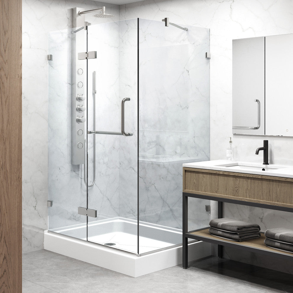 VIGO Monteray 36"D x 48"W x 79"H Frameless Hinged Shower Enclosure, Brushed Nickel, Left Base