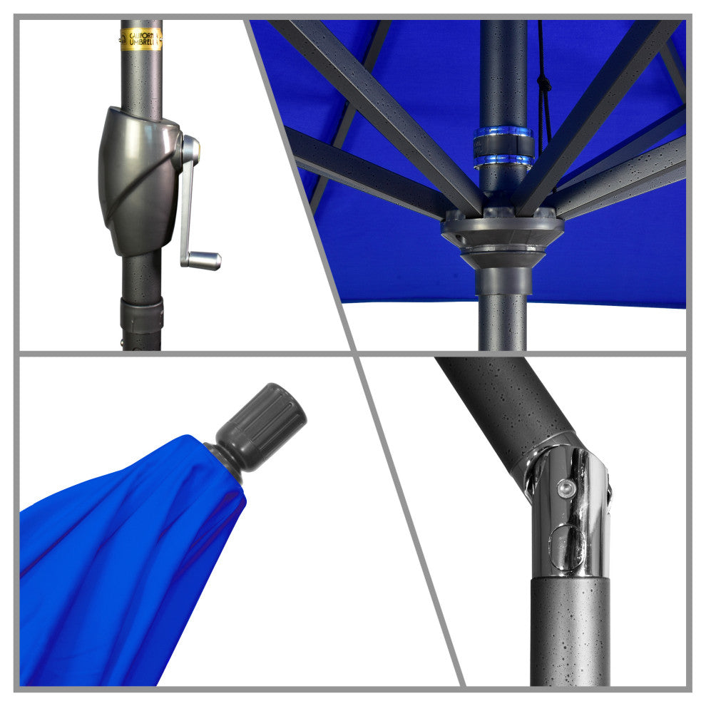 9'' Gray Greek Key Patio Umbrella With Push Button Tilt and Tassels, Pacific Blue