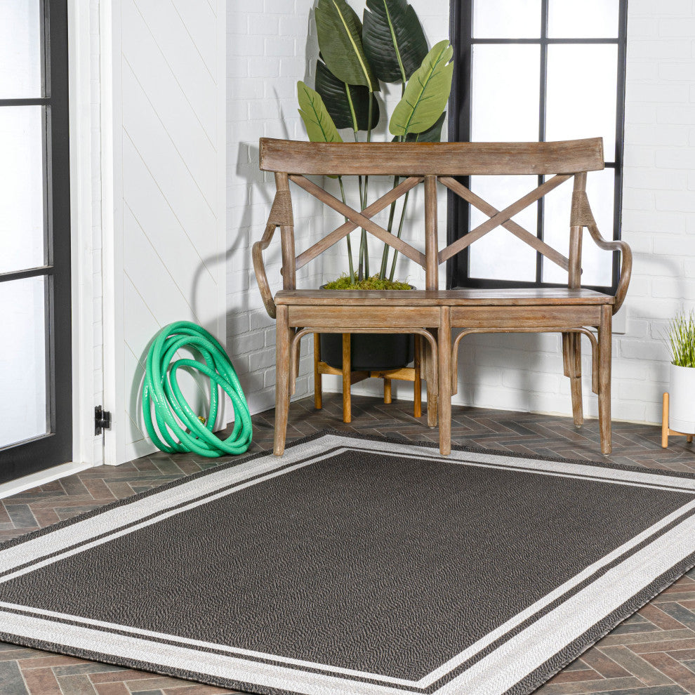 James Modern Border Stripe Indoor/Outdoor Area Rug, Black/Cream, 3x5
