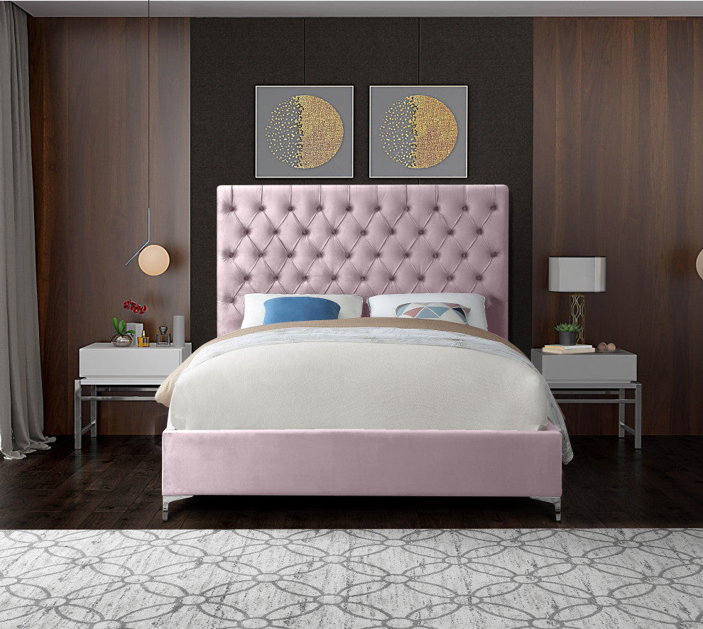 Cruz Velvet Upholstered Bed, Pink, Queen