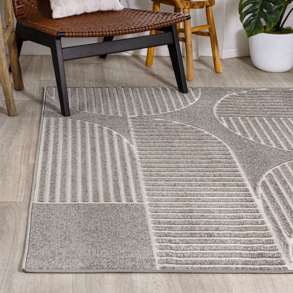 High-Low Arch Scandi Striped Gray/Cream 4 ft x 6 ft Indoor/Outdoor Area Rug