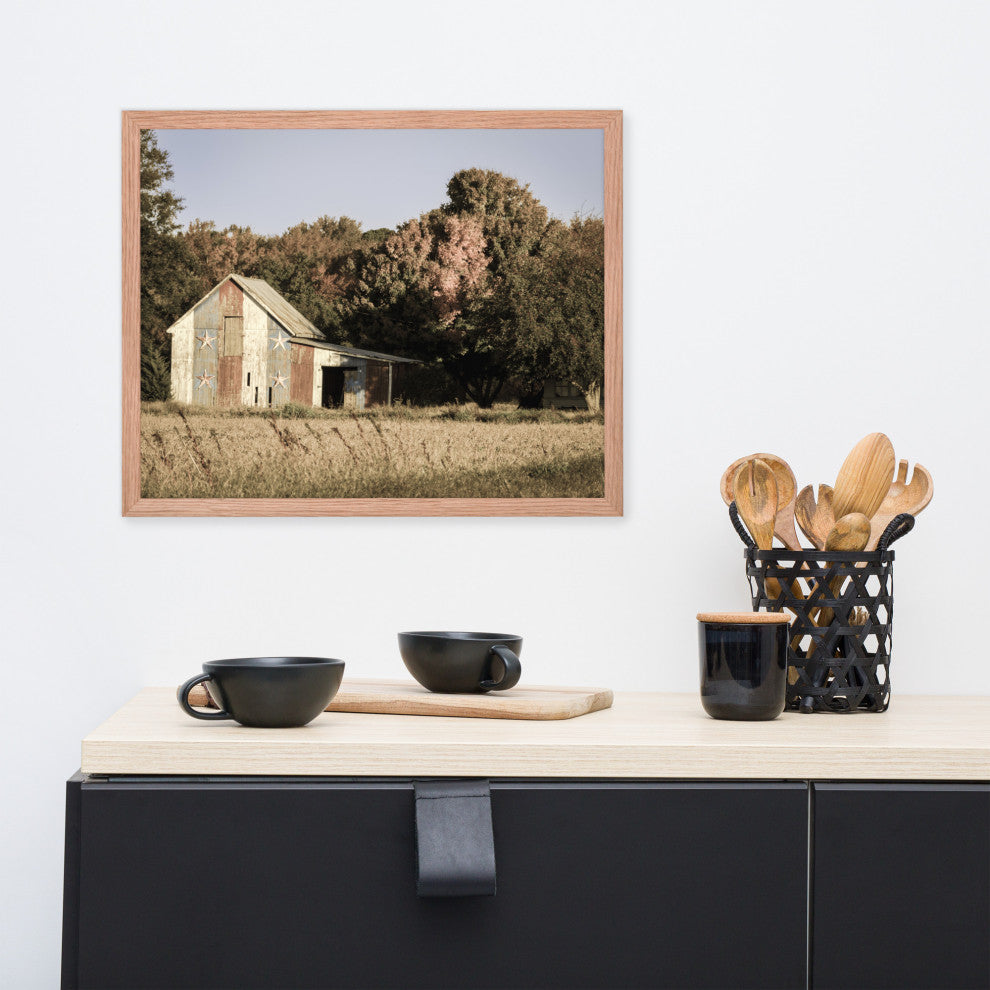 Patriotic Barn in Field Aged Effect Framed Photo Paper Wall Art Prints, Red Oak, 16" X 20"