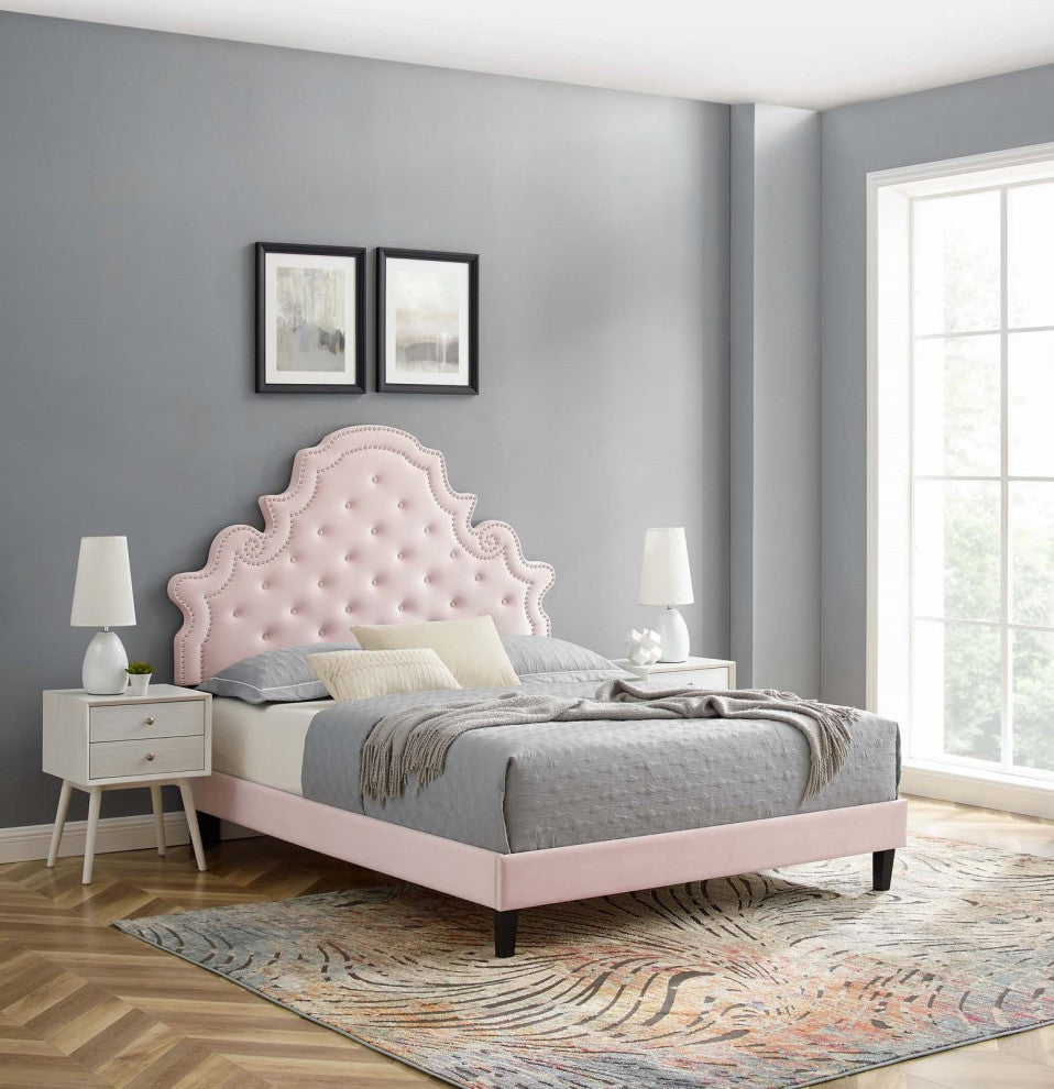 Tufted Platform Bed Frame, Full Size, Velvet, Pink, Modern Contemporary, Bedroom