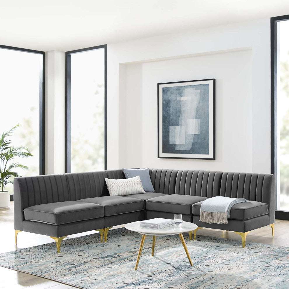 Tufted Sectional Sofa Set, Velvet, Gray, Modern, Living Lounge Hospitality