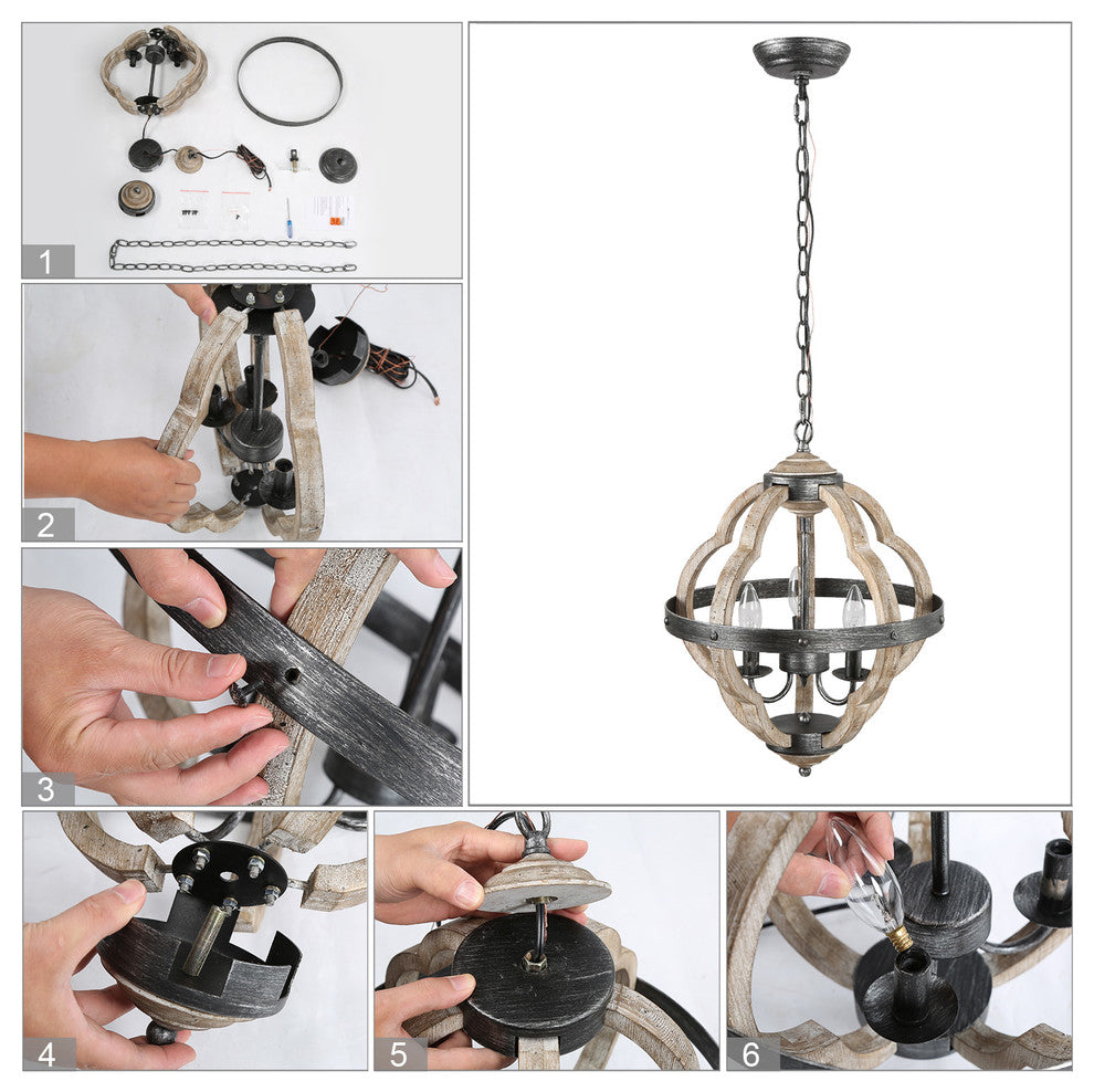 LNC 3-Lights Farmhouse Distressed Gray Globe Cage Mini Chandelier