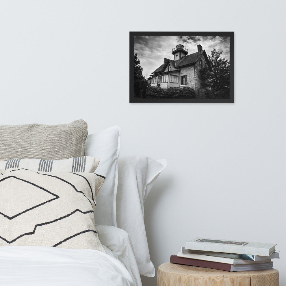 Cedar Point Lighthouse in Black and White Framed Photo Paper Wall Art Prints, Black, 12" X 18"