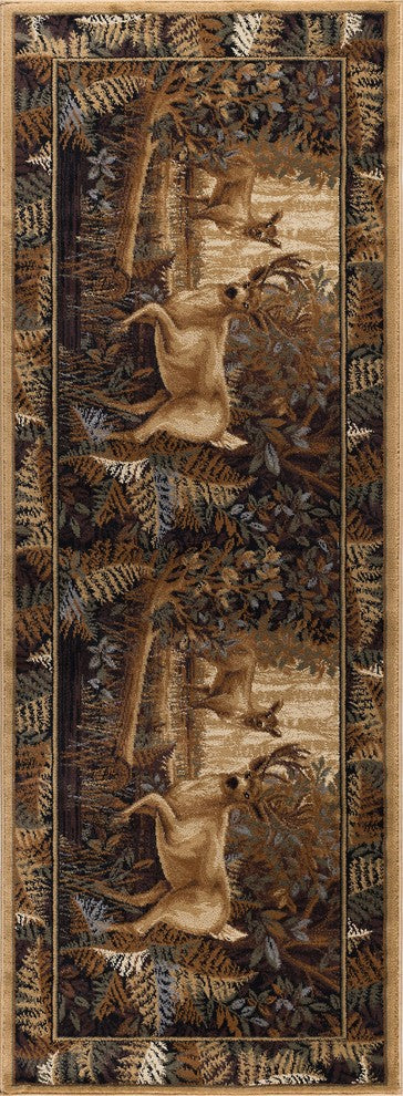 Fern Deer Novelty Lodge Pattern Beige Runner Rug, 2.7'x7'