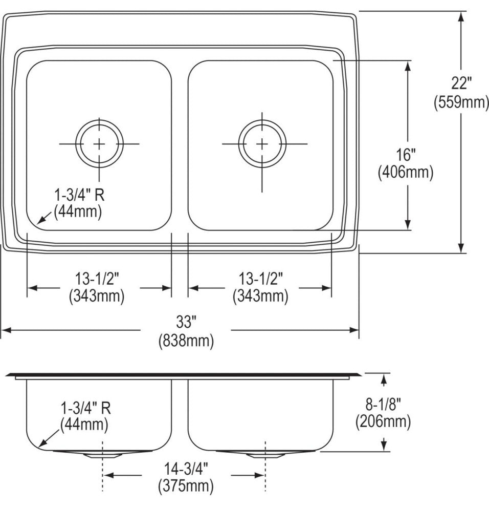 LR33225 Lustertone Classic Stainless Steel 33" x 22" Double Bowl Drop-in Sink