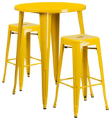 30" Round Yellow Metal Bar 3-Piece Table Set With 2 Square Seat Backless Stools