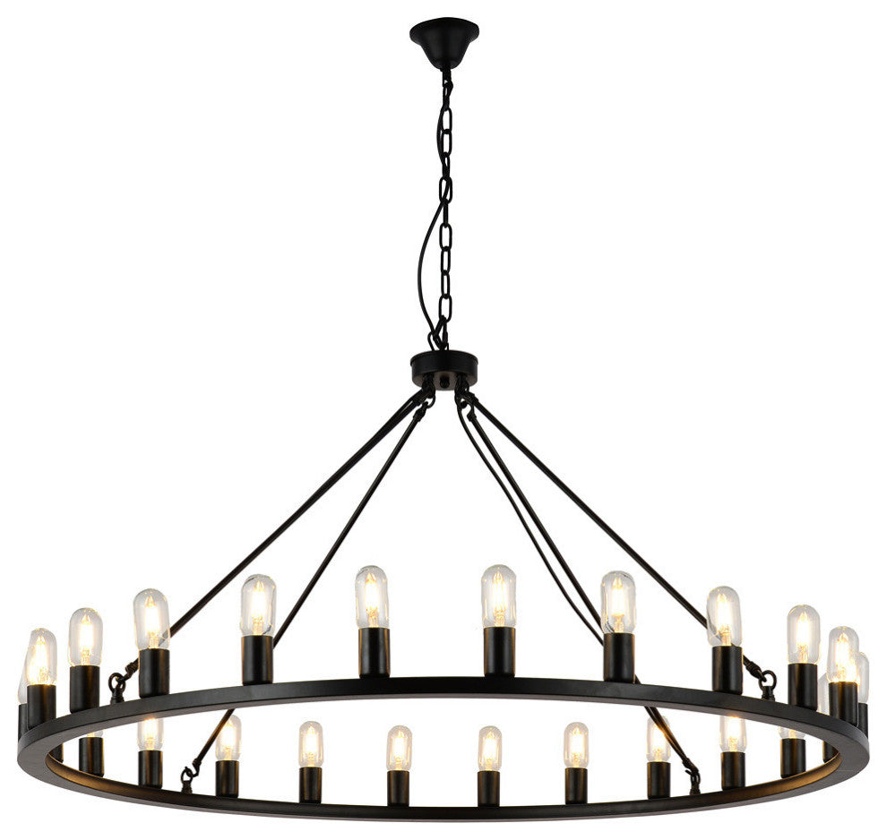 24-Light Candle Wagon Wheel Chandelier Farmhouse Black Pendant Lights, Black