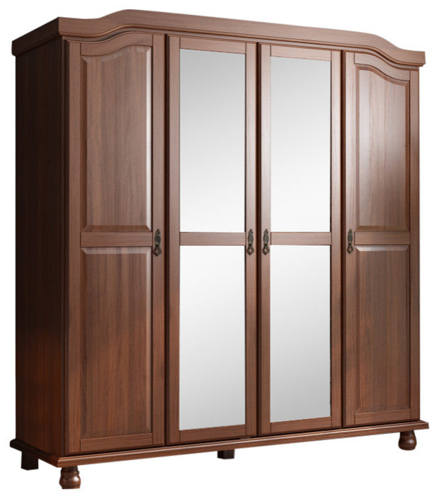 100% Solid Wood Kyle 4-Door Wardrobe Armoire With Mirrors, Mocha