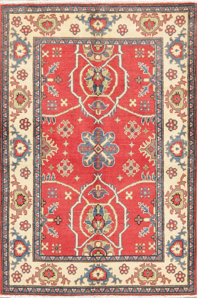Hand Made Kazak Oriental Traditional Pakistani Area Rug, Red, 5'1"x3'5