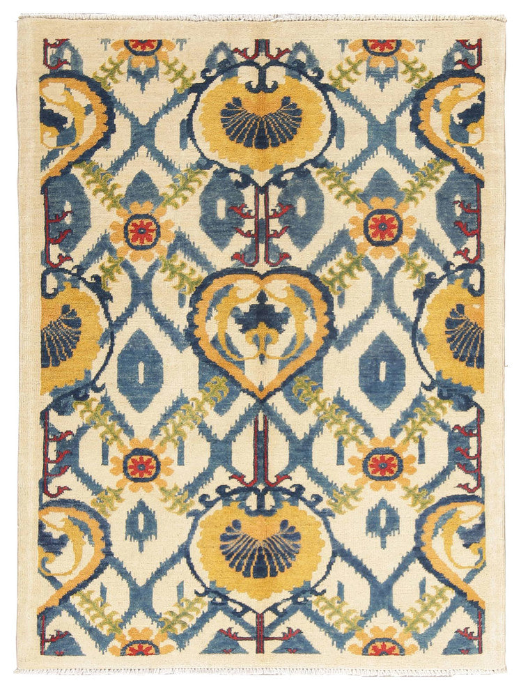 Pakistani Hand-Knotted Kazak Wool Oriental Area Rug, Beige, 4'10"X3'7"