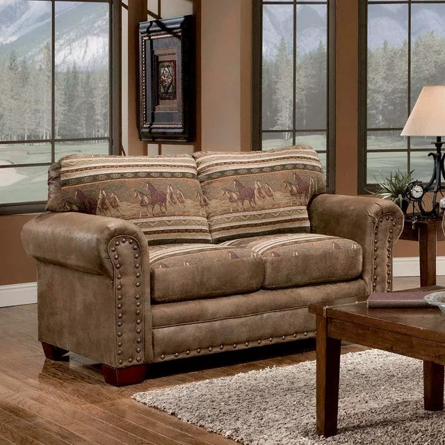 Farmhouse Loveseat with Wild Horse Motif, Leather Look Microfiber Upholstery