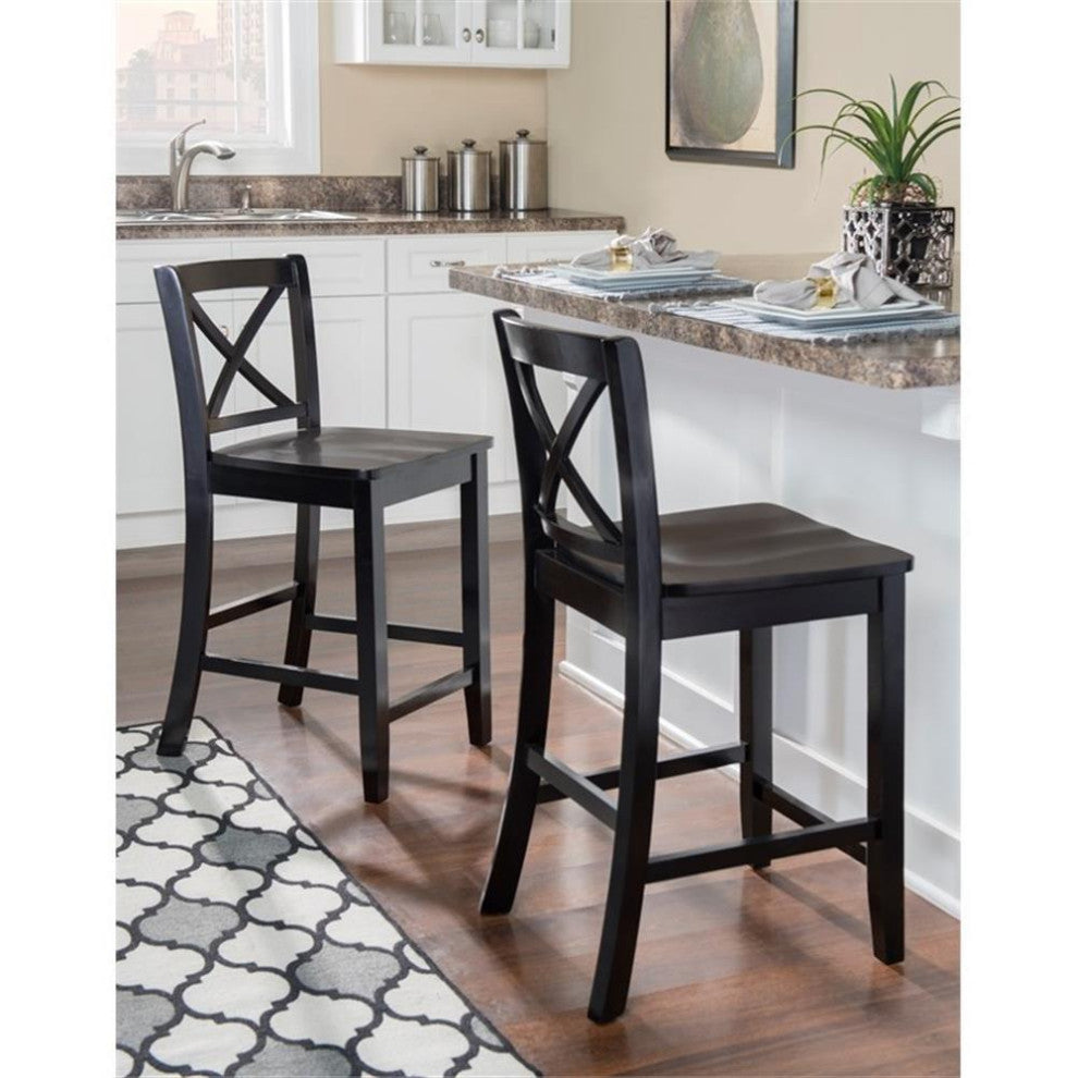 Linon X Back Wood Counter Stool 24" Seat Height in Black Painted Finish