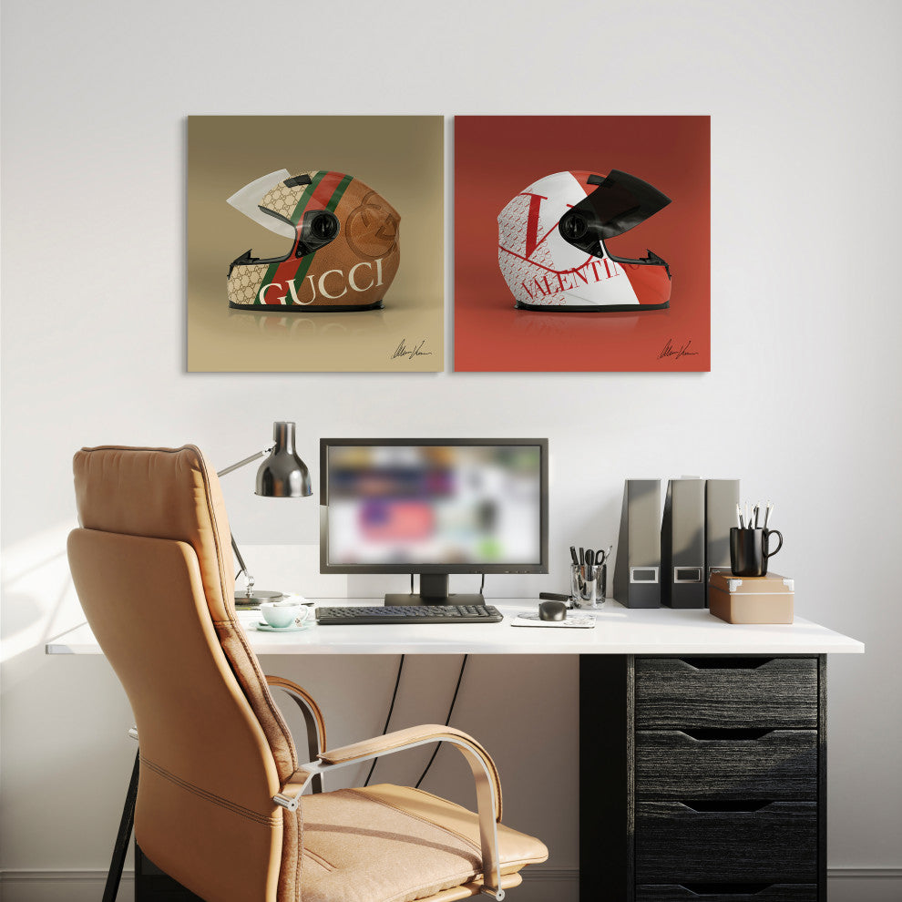 "Haute Helmets" Set Frameless Floating Tempered Glass Panel Wall Art Set of 2