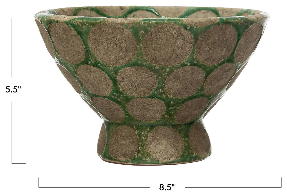 Round Terra-cotta Footed Bowl with Wax Relief Dots, Green and Cement