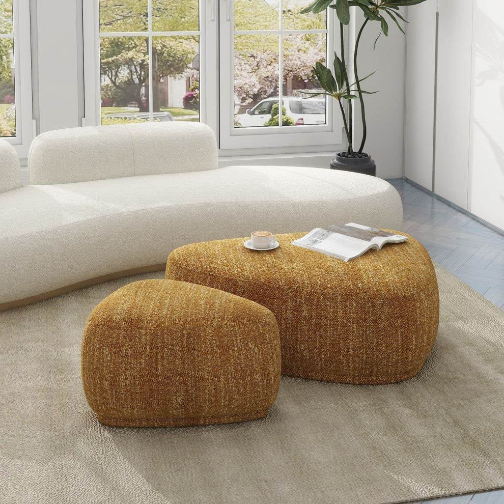 Pebble 44" & 26" Rounded Triangle Cocktail Ottoman Set, Mustard Yellow Tweed
