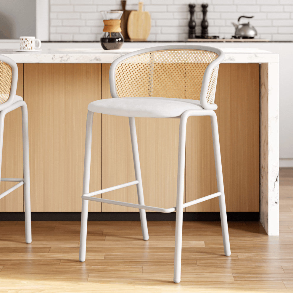 LeisureMod Ervilla Wicker Bar Stool With White Powder Coated Steel Frame, White