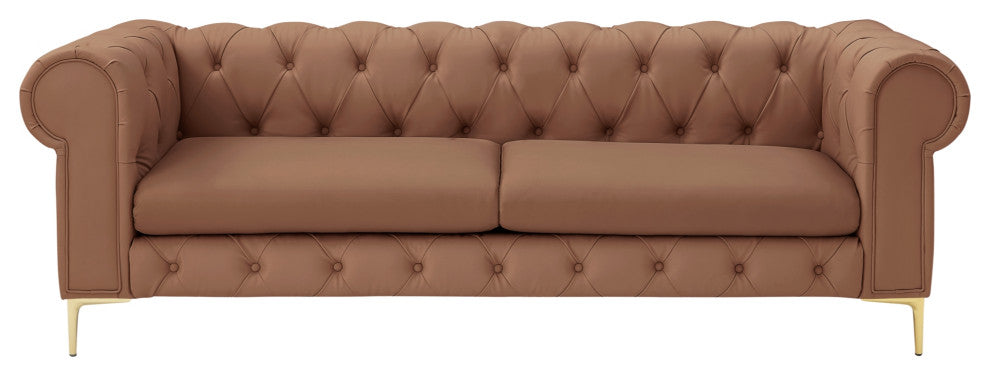 Nicole Miller Geraldine Sofa Button Tufted, 3 Seat, Camel Leather PU