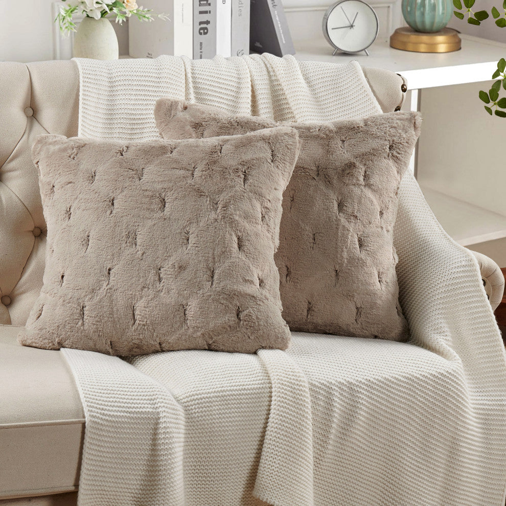 Jacquard Rabbit Faux Fur Pillow Cover 2 Piece Set, Taupe, 20" X 20"