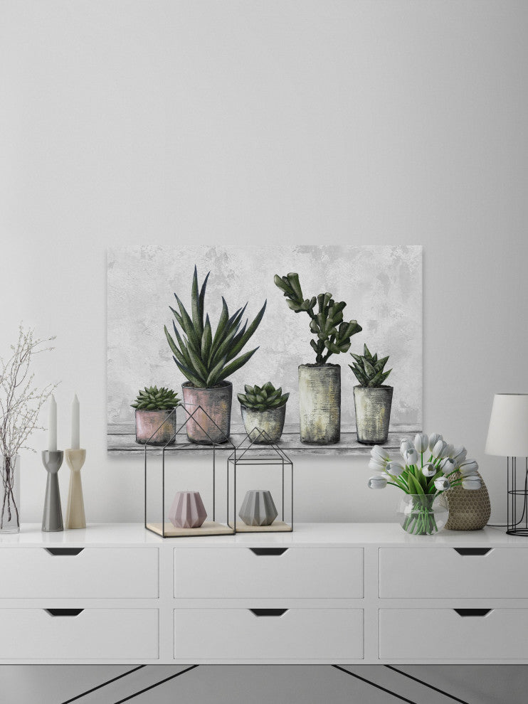 "Earthy Succulent Pots" Painting Print on Wrapped Canvas
