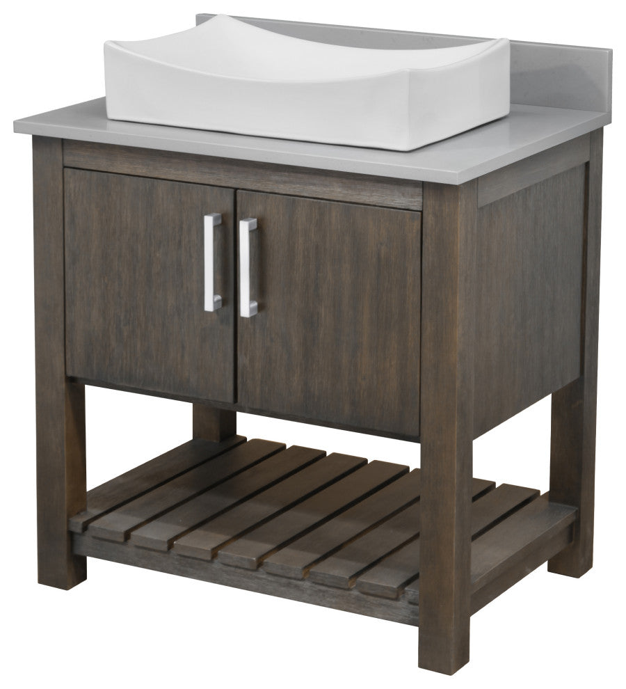 30" Vanity, Smoke Grey Quartz Top, Backsplash, Sink, Drain, and P-Trap, Chrome, Without Mirror