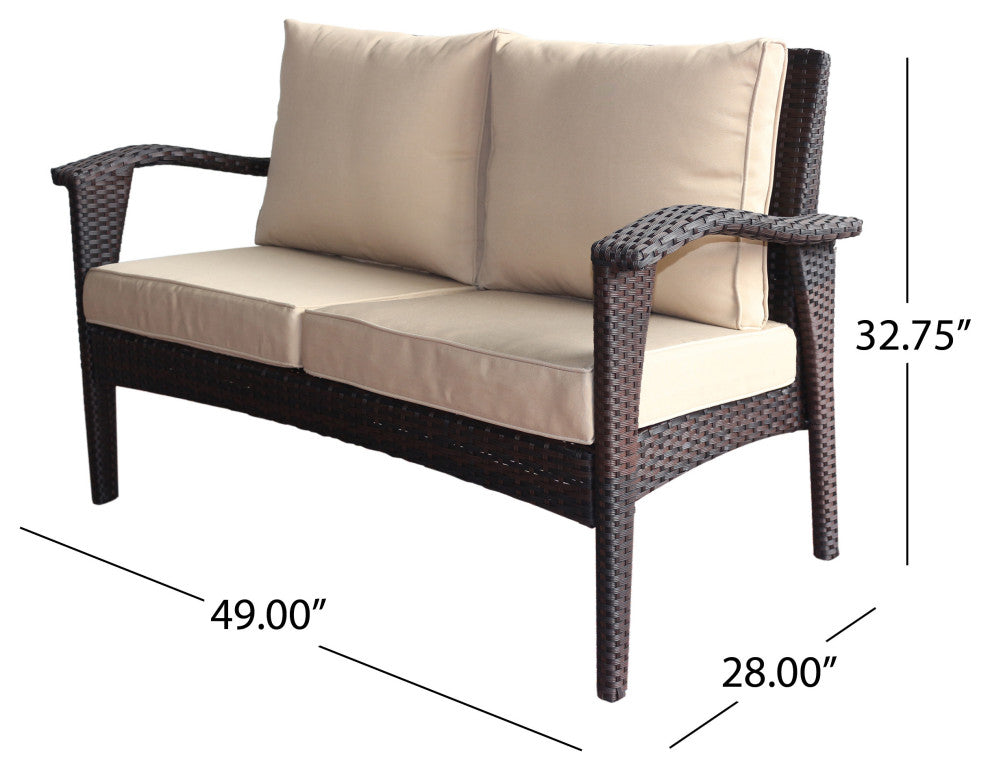 GDF Studio Hilary Outdoor Brown Wicker Loveseat With Water Resistant Cushions, Brown/Tan