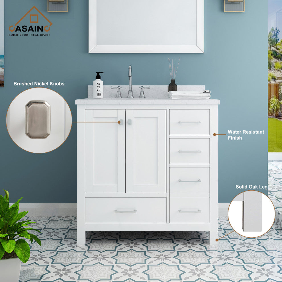 CASAINC 36" Single Sink Freestanding Marble Top Bathroom Vanity, White