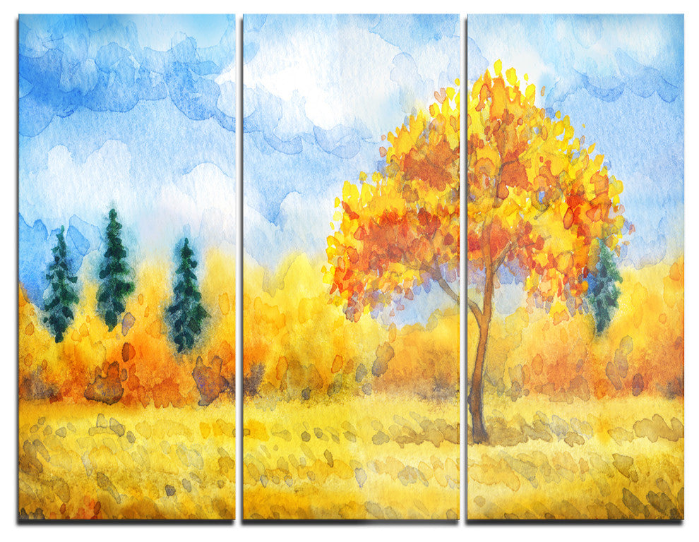 "Yellow Trees" Watercolor Metal Wall Art, 3 Panels, 36"x28"