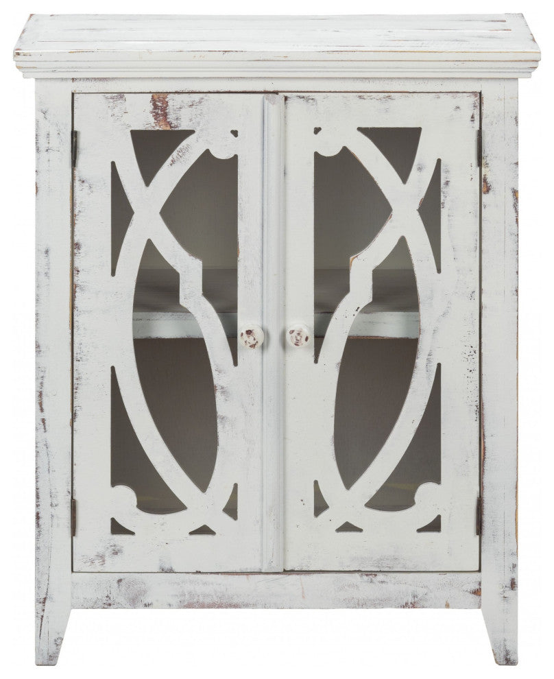 Rustic White Wood and Glass Scrollwork Accent Cabinet