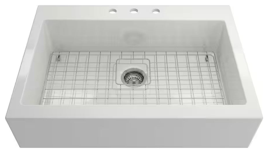 BOCCHI 1500-001-2020CH Apron Front Drop-In Fireclay 34" 1 Bowl Kitchen Sink Kit