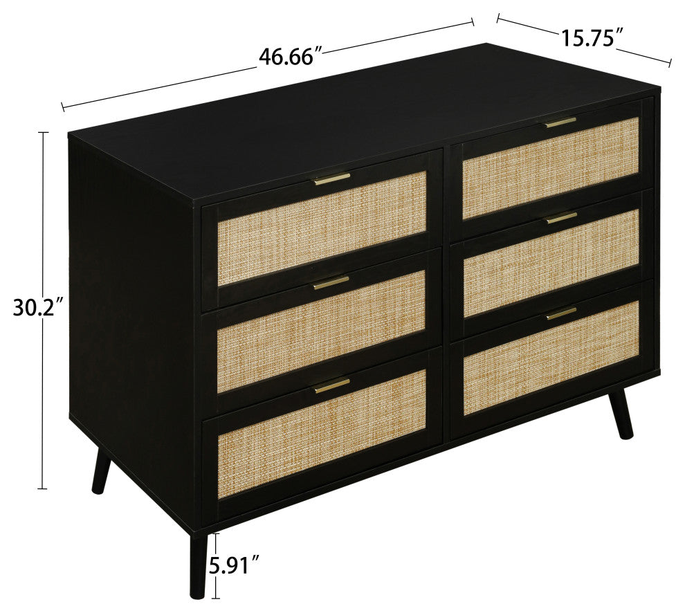 Modern 6 Drawer Dresser Wood Cabinet, Black