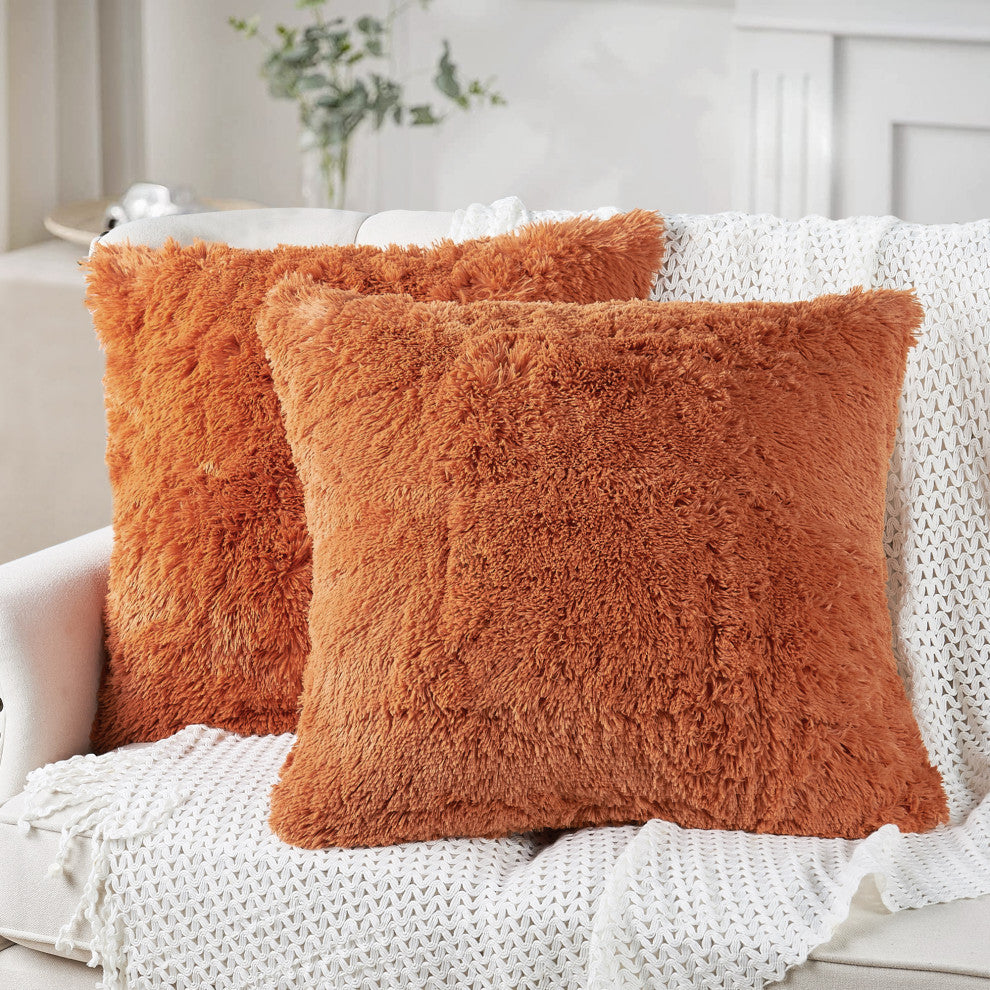 Shaggy Faux Fur Pillow Cover, Burnt Orange, Set of 2, 26"x26"