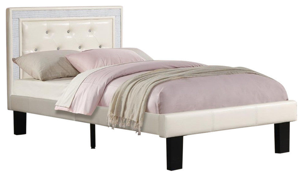 Benzara BM168651 Wooden Full Bed Light Bone PU Tufted Head Board, White Finish