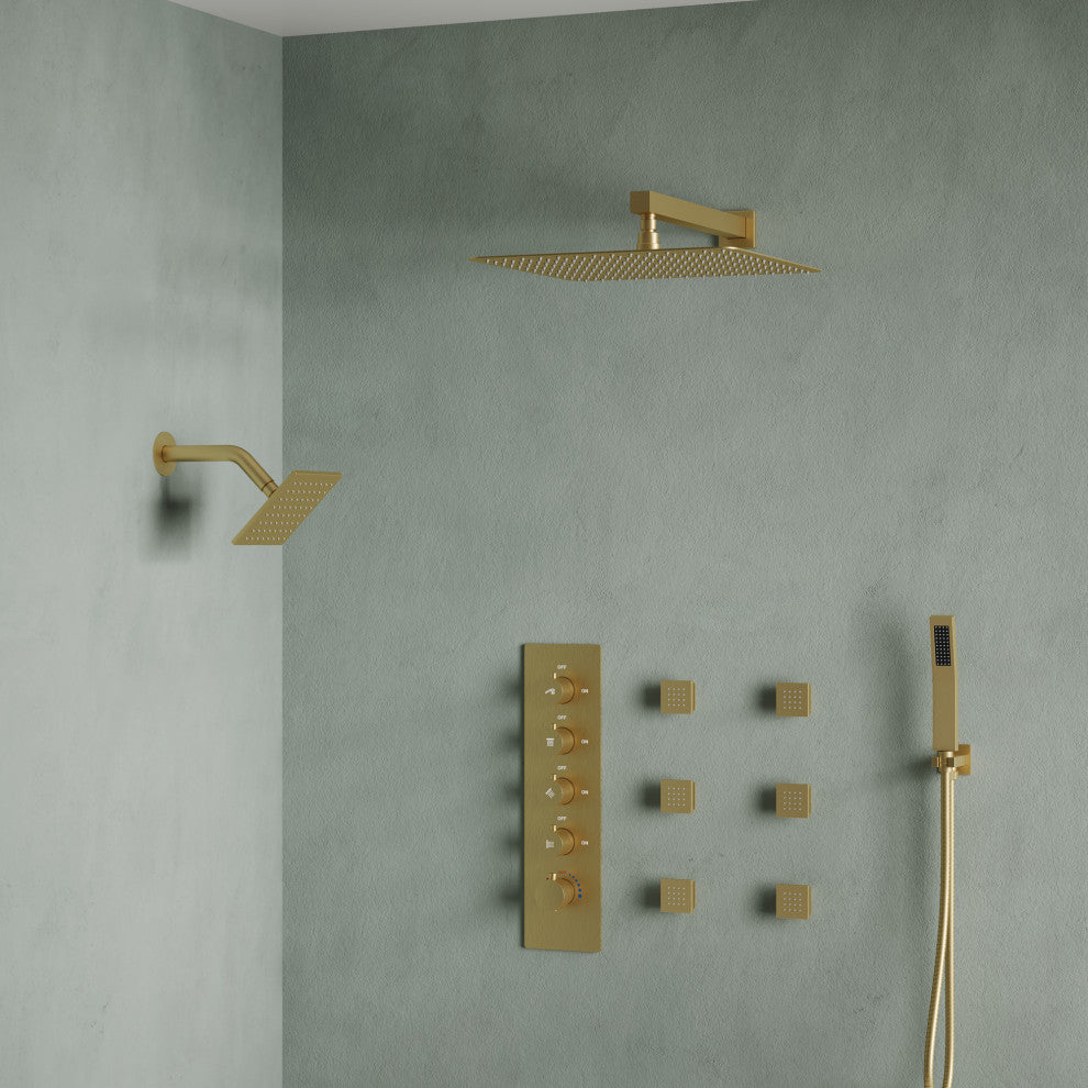 Dual Heads 16" Thermostatic Shower System With Hand Shower, Brushed Gold