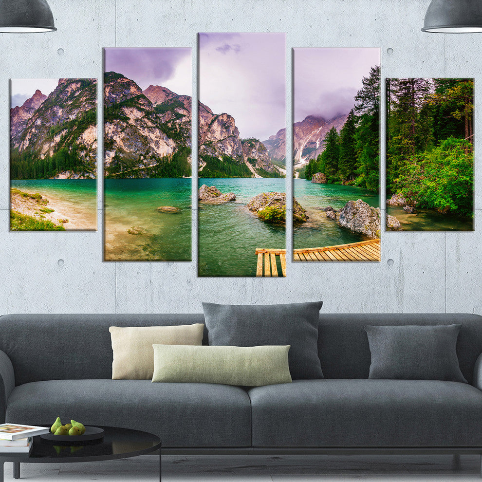 Mountain Lake Between Mountains, Large Landscape Canvas Art, 60"x32", 5 Panels