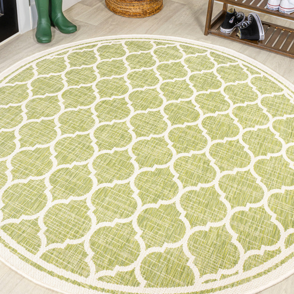 Trebol Moroccan Trellis Textured Weave Indoor/Outdoor, Green/Cream, 5' Round