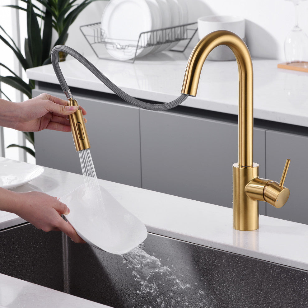 Luxier KTS21-T Single-Handle Pull-Down Sprayer Kitchen Faucet, Brushed Gold