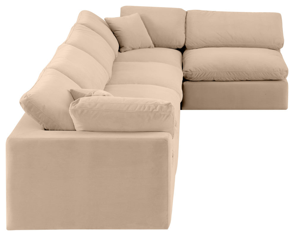 Comfy Upholstered L-Shaped Modular Sectional, Beige, 5-Piece: 3 Armless Chair, 2 Corner Chair, Velvet