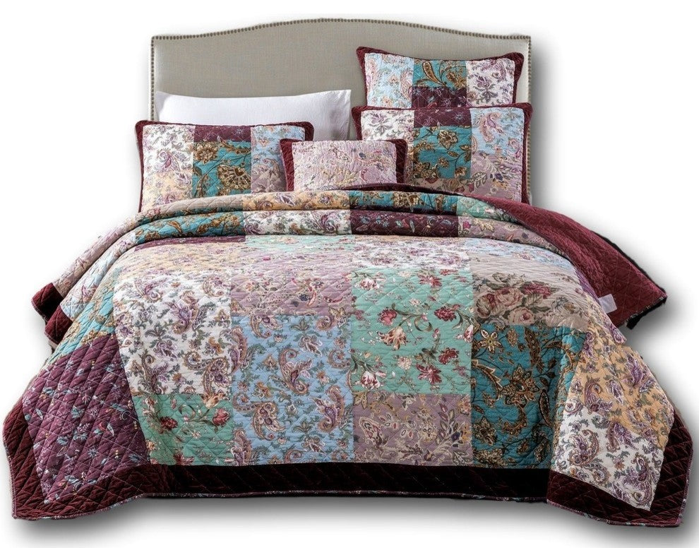 Bohemian Burgundy Red Velvet Trim Floral Paisley Patchwork Bedspread Set, Full